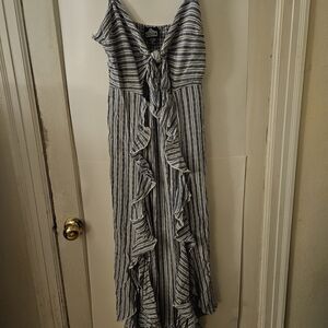 Angie Blue and White Striped Ruffle Maxi Dress